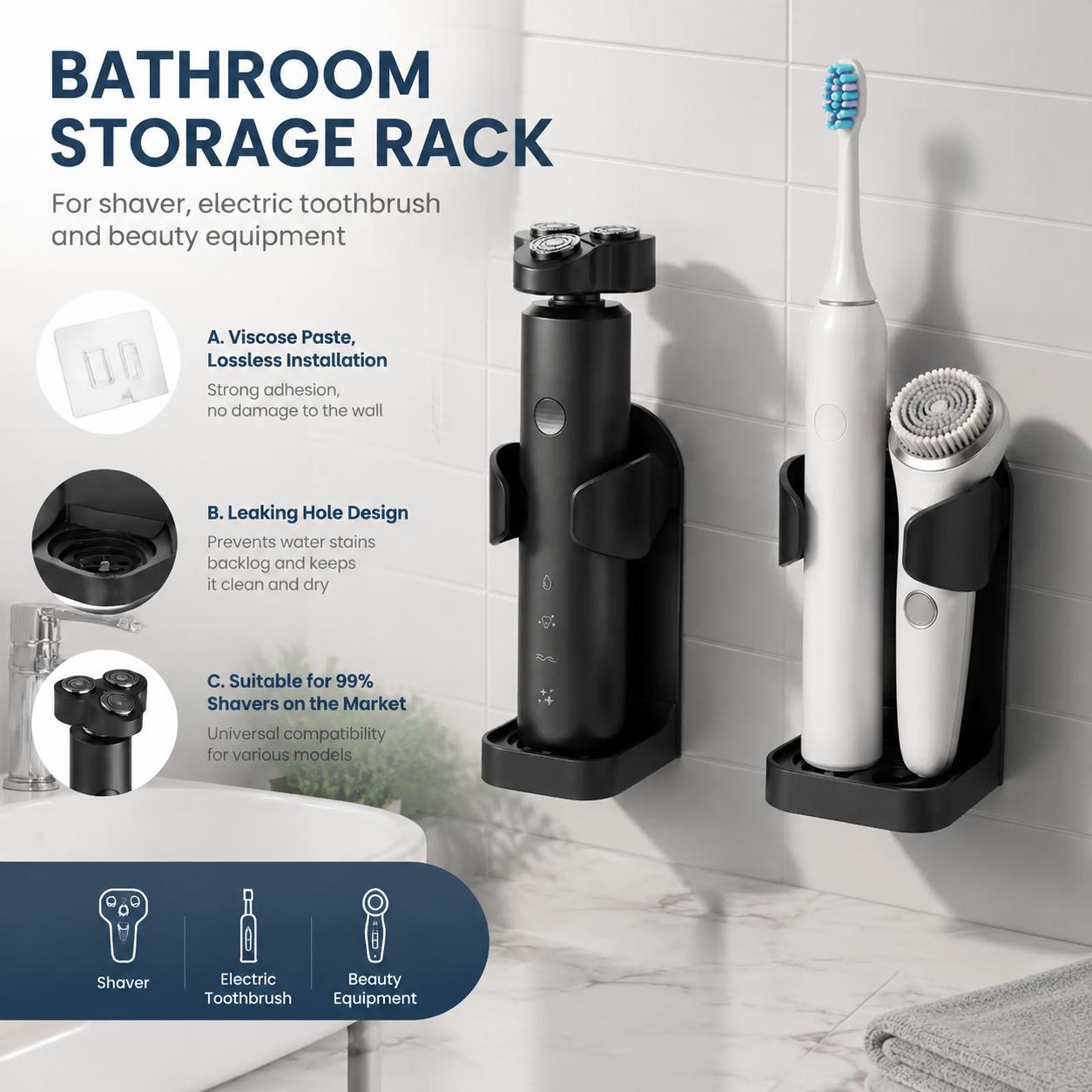 Home Essentials Bathroom Accessories - Self Adhesive No Drill Waterproof Toothbrush