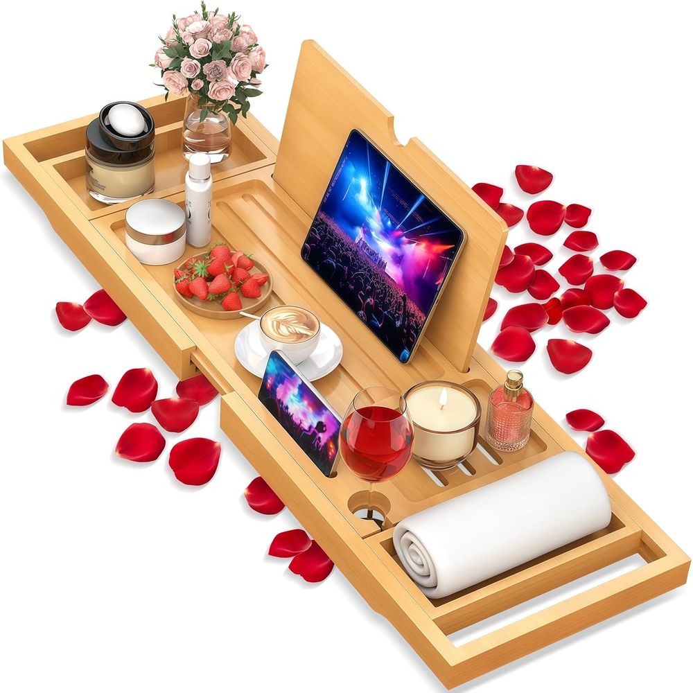 Elegant Bamboo Bath Caddy with - Bath Caddy Tray review and price