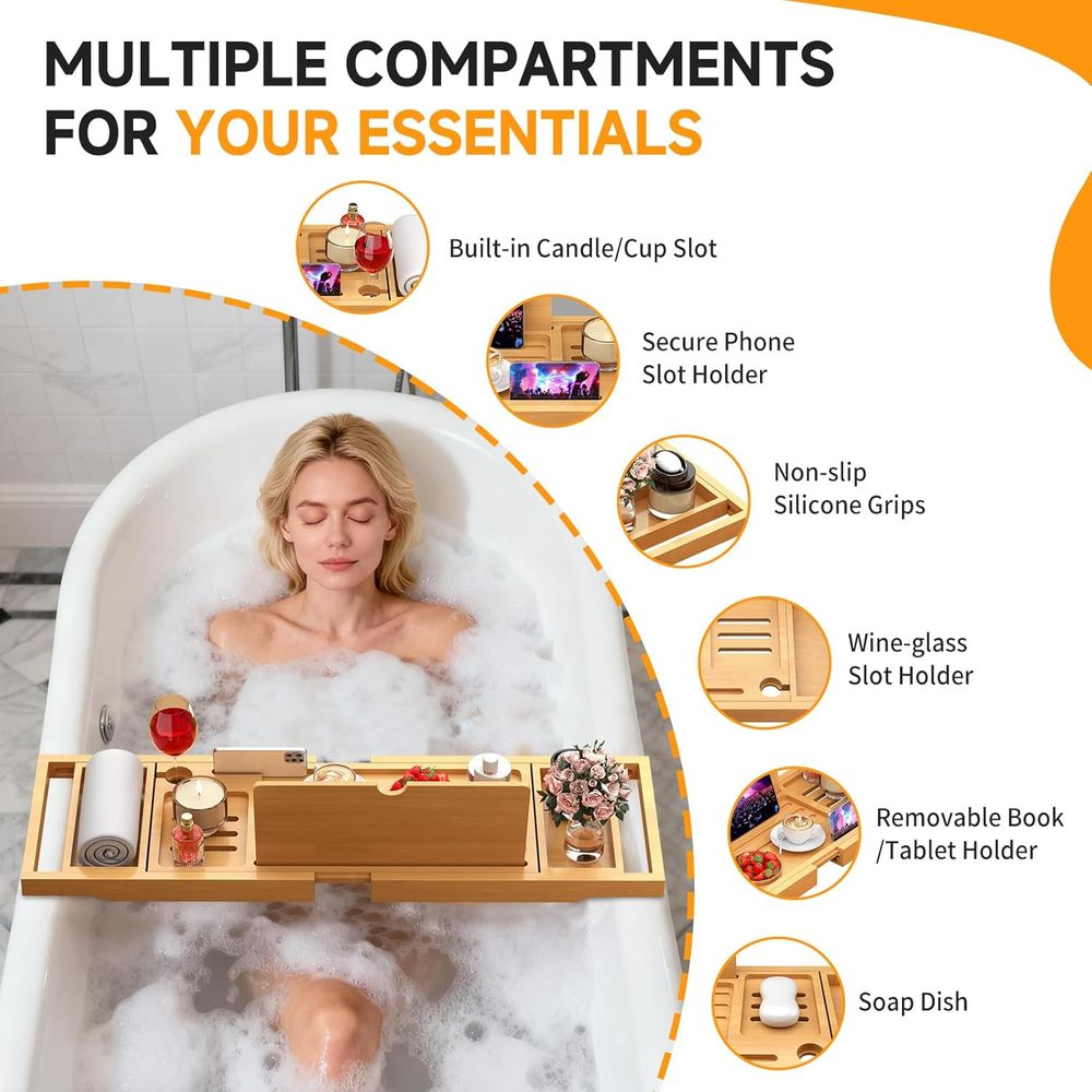 Elegant Bamboo Bath Caddy with - Bath Caddy Tray review and price